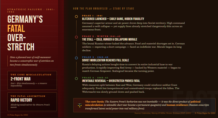 Infographic titled "Germany's Fatal Overstretch" showing a four-phase timeline of how Germany's planned war of maneuver on the Eastern Front became a catastrophic war of attrition from 1941 to 1945, culminating in Soviet victory. Includes key statistics on the two-front miscalculation. © Prime Rogue Inc 2026.